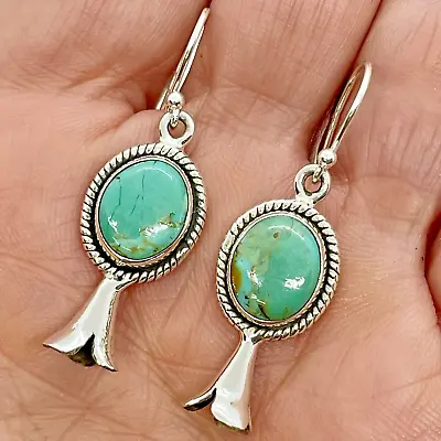 $55.94 • Buy Turquoise Squash Blossom Dangle Earrings Sterling Silver 1.5  Handmade By Hada