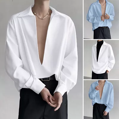 INCERUN Mens Deep V Neck Long Sleeve Tops Formal Work Busniess Shirt Blouse Plus • $23.74