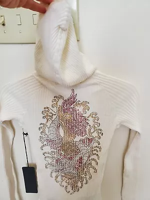 VTG Ed Hardy By Christian Audigier Embroidered Hoodie S  Button Up Stretch White • £46.55