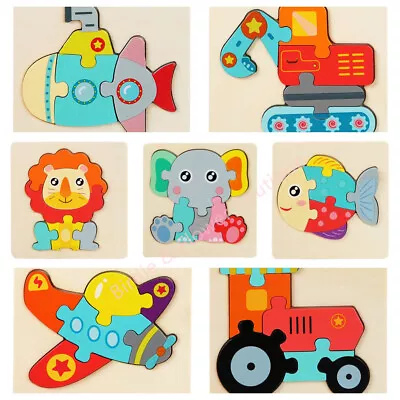 Wooden Jigsaw Puzzle Toy Children Kids Baby Learning Educational Animals Trans • $5.95