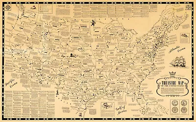 Treasure Map Of The United States. Hunting Civil War Gold Wall Poster Print • $13.95