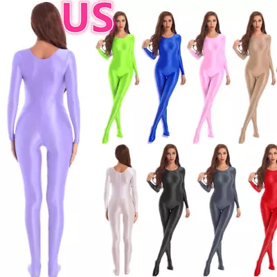 US Women's One Piece Bodystockings Leotard Glossy Long Sleeve Jumpsuit Bodysuits • $17.49