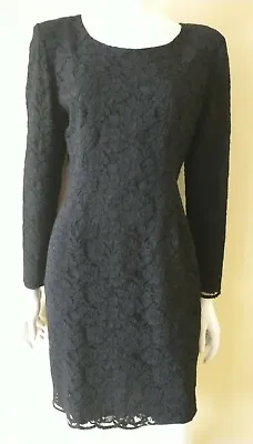 VTG Barami Sheath Dress 6 Black Floral Lace Long Sleeve Round Neck Lined Witchy • $17.53