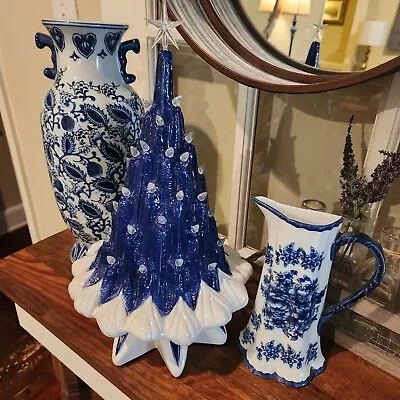 Ceramic Lava Christmas Tree KITSCHY INSPIRED ELECTRIC Med Blue WHITE Chinoiserie • $119.99