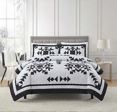 Black & White Flying Geese 7 Piece Quilt Set With Sheets Queen • $33.93