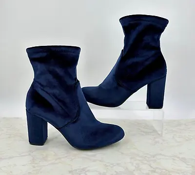 Candies Blue Velvet Ankle Boot Women's 7.5M Stretch Side Zipper 3.5  Heel • $26