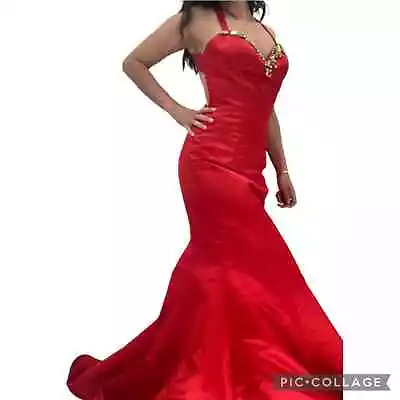 Sherri Hill Red With Gold Bejeweled Neckline & Back Mermaid Gown Size 6 (Six) • $235
