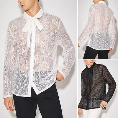 UK Mens Long Sleeve Lace Mesh Shirt Casual Party Club Button Down Blouses Tops • £16.14