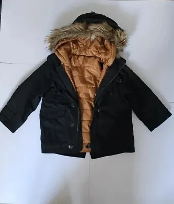 Zara Boys Warm Winter Black Hooded Parka Coat ~ Padded Lining ~ Size 104 Age 3/4 • £15