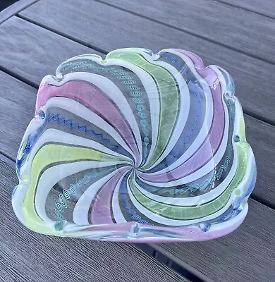 MURANO Zanfirico Latticino Pastel Rainbow Ribbon Ruffled Square Bowl  7.25” • $149.99