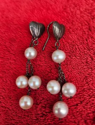 Vintage Sterling Silver Pearl Graduated Drop Dangle Earrings • $0.99