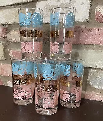 Vintage Pink Turquoise & Gold Flower Drinking Glasses 11 Oz Glasses Set Of 6 • $38.99