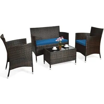 4 Piece Outdoor Patio Rattan Furniture Set Cushion Chair Sofa Coffee Glass Table • $198.97
