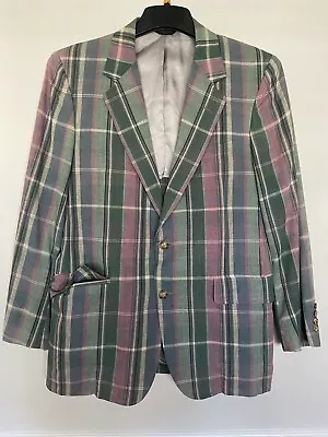 VTG Corbin Men's Medium Blazer Clothing Linen 2 Button Plaid Spring Pink Green • $39.99