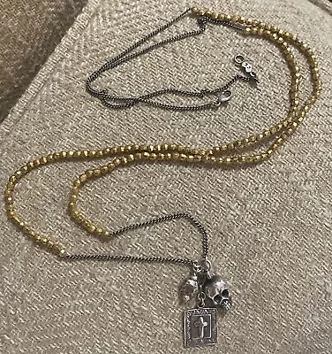 Rare Chan Luu Gold Faceted Bead & Sterling Bead Skull Cross Long Necklace • £161.87