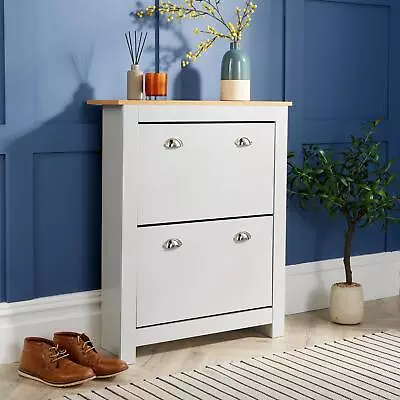 Grey Oak 2 Door Shoe Cabinet Hallway Storage Cupboard Metal Handles • £47.19