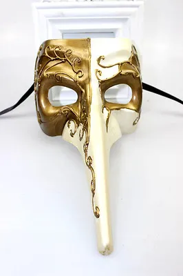 Mens Long Nose Venetian Masquerade Mask Mardi Gras Ivory & Gold Fancy Dress NEW • £9.99