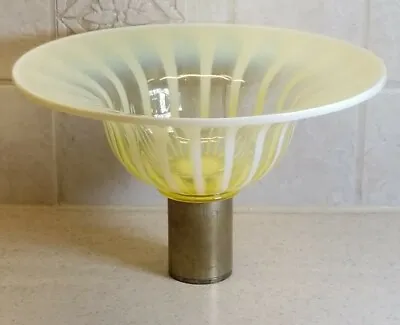 VINTAGE Topaz Vaseline Opalescent STRIPED Bowl Brass Base For Fixture 9 5/8   • $89.99