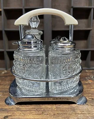 Vintage Retro Stainless And Glass Condiment Caddy Salt Pepper Vinegar & Oil Cute • $9.97