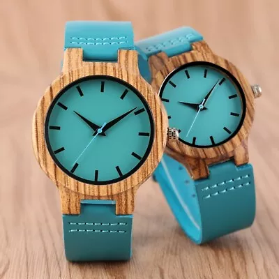 Lovers Wooden Watches Men Women Turquoise Blue Timepieces Gift Relogio Masculino • $27.49