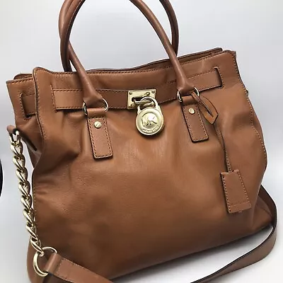 Michael Kors Large Hamilton Shoulder Bag Tan Leather Purse Satchel Lock Key FLAW • $44.99