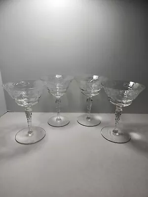 Rare Set Of 4 Seneca Etched Cut Glass Champagne Cocktail Coupe Glasses • $49