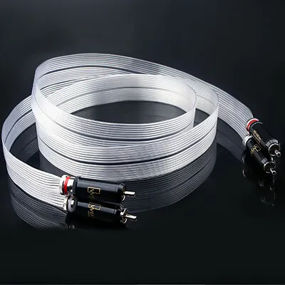 Pair Silver Plated 8N OCC Copper Flat Ribbon RCA Cable Cord For HiFi Speaker • $40.64