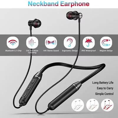 Wireless Bluetooth Headphones Earbuds Bass Neckband Stereo Earphones Headset Mic • £11.99