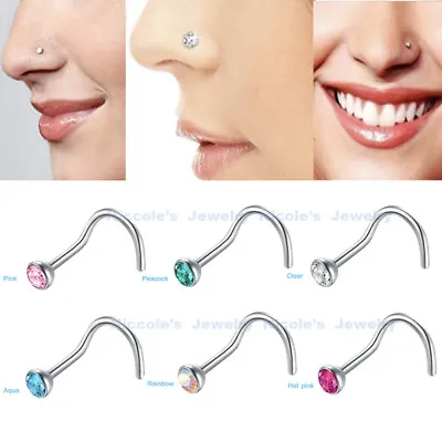 $3.50 • Buy 20g Surgical Steel Zirconia Gem Twisted Curved Screw Nose Stud Ring Piercing