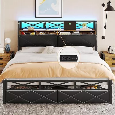 Queen Metal Platform Bed Frame With 2 DrawersHidden Storage Headboard Led Light • $253.62