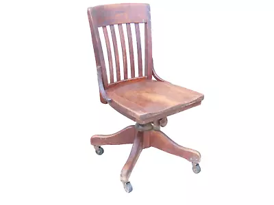 Vintage Rolling Bankers Desk Chair Office Arm Chair Heavy Oak Wood Furniture USA • $199.95