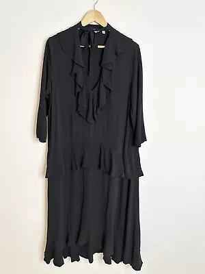 & Other Stories Parisian Black Midi Dress 3/4 Sleeve Ruffles Neck Tie 42 (M-L) • $65