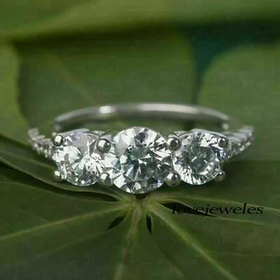 2.15CT Round Cut Real Moissanite 3 Stone Engagement Wedding Silver Ring Gift Her • $155.72