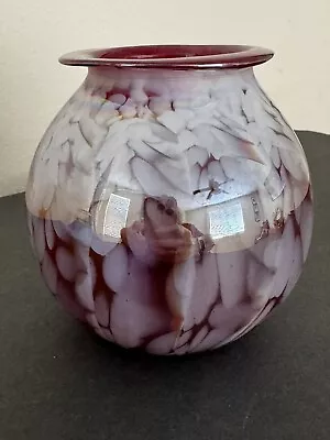 Mt St Helens Ash Art Glass Vase Signed MSG Red Mottled Iridescent Round Bulb 5.5 • $31.19
