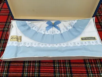£8 • Buy Vintage Pillowcases Pair Of  Blue Lace Boxed, Unused. Caressa