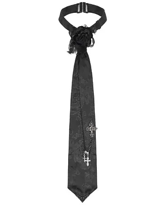 Devil Fashion Mens Gothic Paisley Jacquard Rose Chained Crucifix Neck Tie Black • £19.99