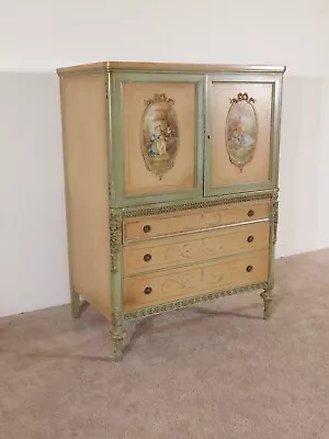 ANTIQUE Barbola French Louis XVI ROMANTIC Painted Shabby Tall Chest Or Highboy • $1950