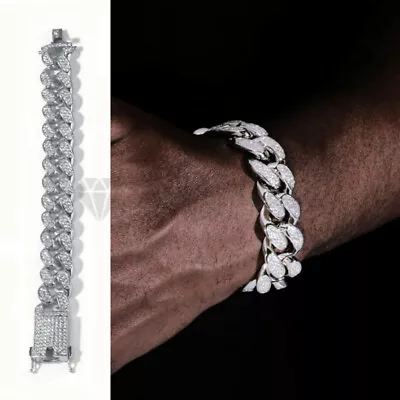 Men Women Hip Hop Iced Out Cuban Link Chain Bracelet Silver Crystal Inlay Bangle • £5.99