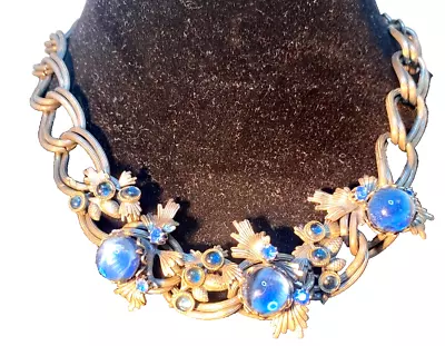 Vintage Schiaparelli Necklace-Star Sapphire Pine Cone DesignGun Metal Gry Chain • $200