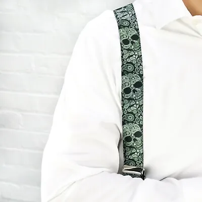 $22.82 • Buy Green Paisley Braces Skulls Trouser Clip On Mens Elastic Suspenders Handmade UK