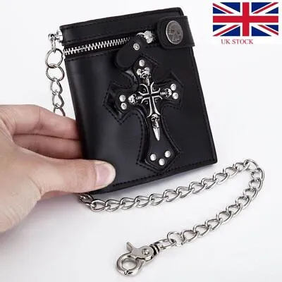 £15.99 • Buy Gothic Skull Cross Biker Punk Card Holder Mens Leather Wallet With Pants Chain