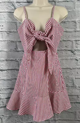 Zaful Summer Shift Dress Size 8 Pink Cream Striped Tie Chest Strappy Side Zip • £9.50