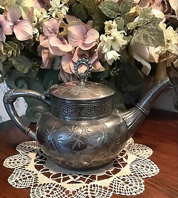 Antique James W Tufts Quadruple Plate Silver Teapot W/Etched Floral Design & Lid • $46