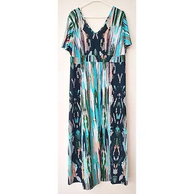 Women's Blue Green & Pink Striped V-Neck Maxi Dress By Katies Size 2XL 16-18 • $18