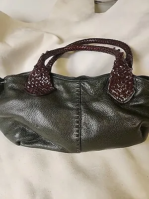  PAOLO MASI ITALY Handbag Pebbled Leather Dark Hunter Green Woven Handles  • $39.23