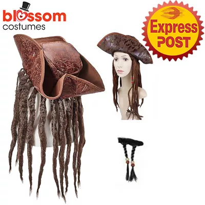 N1432 Adult Pirate Hat Wig Beard Jack Sparrow Halloween Book Week Costume Kit • £24.86