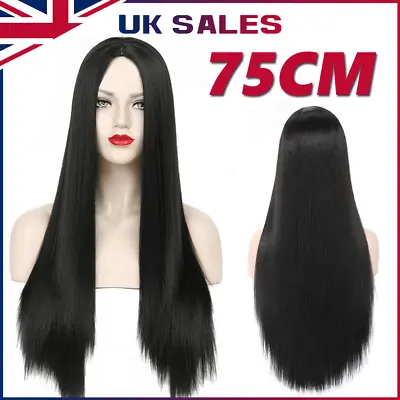 75CM Long Straight Black Cosplay Fashion Wig Womens Full Wig Heat Resistant UK • £8.95