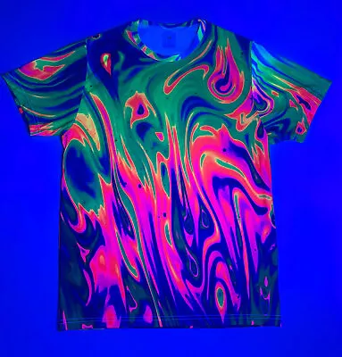 $14.99 • Buy NEON SWIRL Fluorescent -GLOWS In Black Light  All Over Print T-shirt - WILD!
