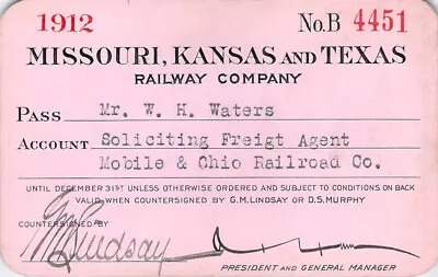 1912 Trip  Missouri Kansas Texas Pink Railroad Railway Rr Rwy Ry Pass   • $15