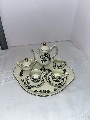 Miniature Christmas Tea Set Holly Ivy Collectible Ivory Gold 10 Pieces With Box • $15